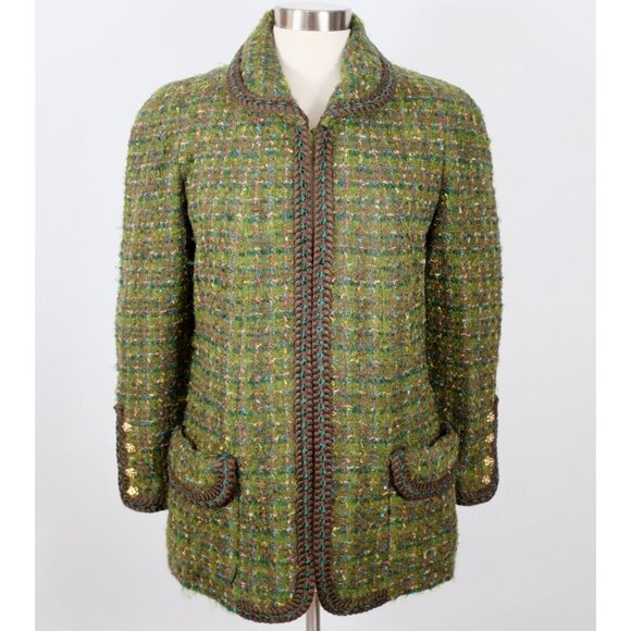 Chanel 1990 long jacket green tweed 40 US 8 vintage open front - Picture 3 of 8
